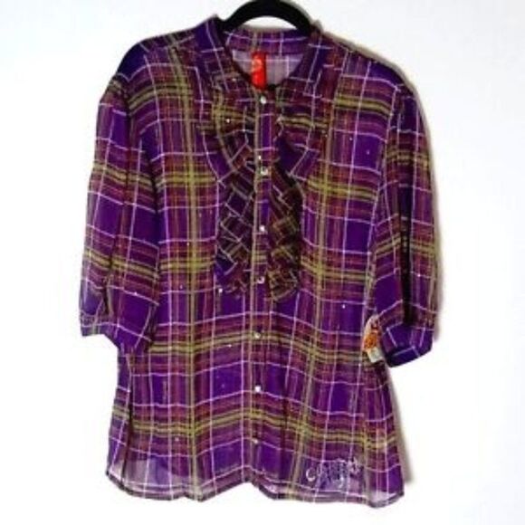 NEW! Apple Bottoms Plaid Chiffon Ruffle Blouse - size 3X in Purple - Picture 1 of 11
